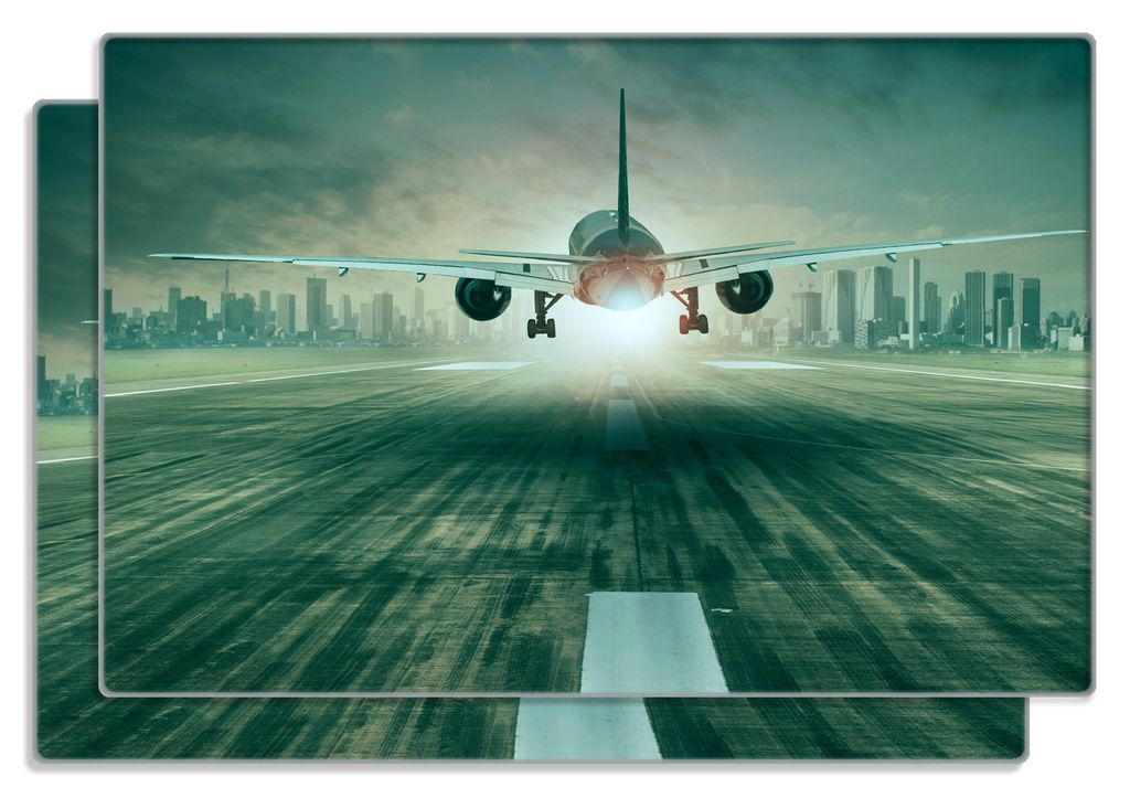 Wallario Frühstücksbrettchen 2er Set aus Glas, je 20 x 30 cm, mit rutschfesten Füßen, Motiv Startendes Flugzeug - Landebahn