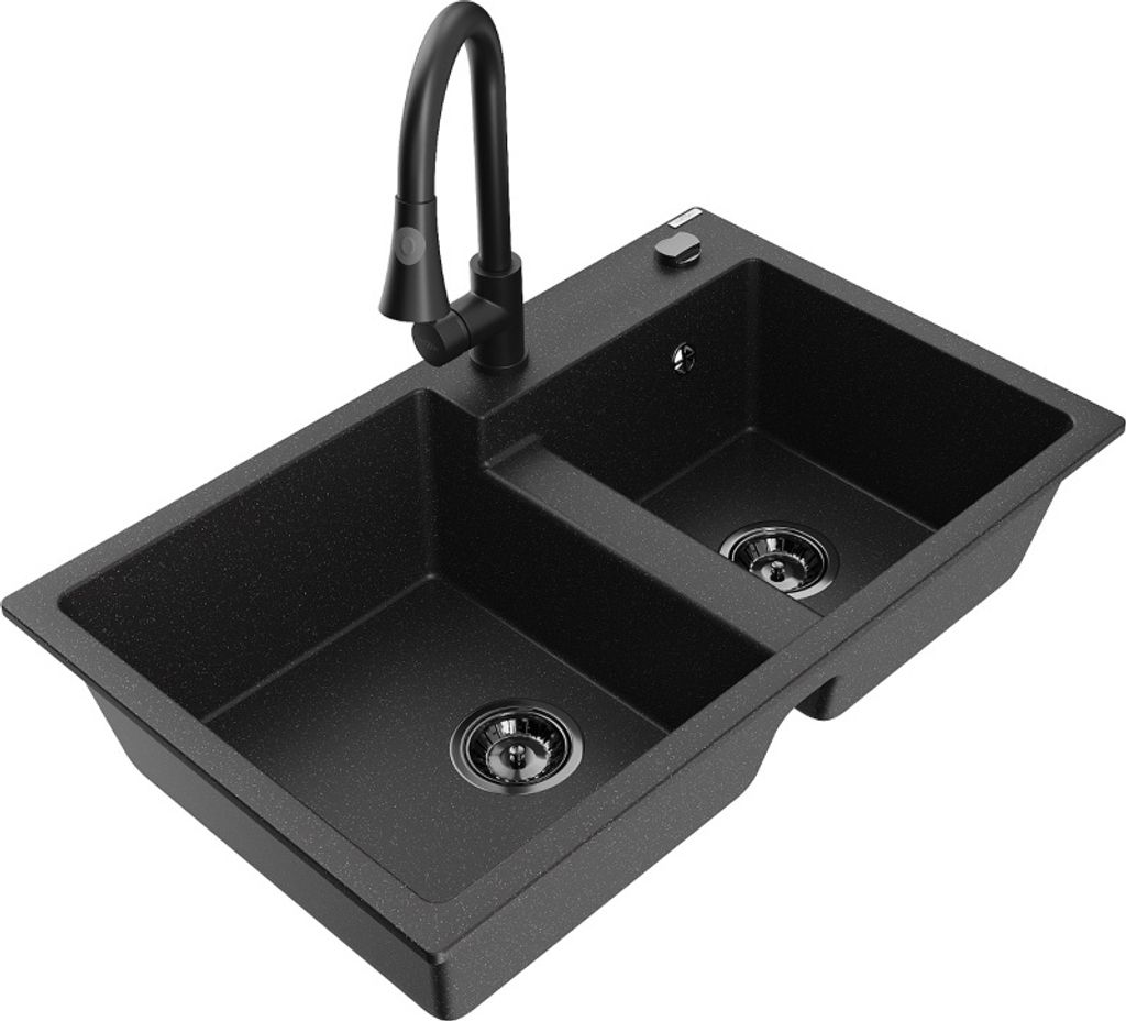 Mexen Tomas 2-Becken-Granitspüle mit Mischbatterie Elia, Schwarz/Silbermetallic - 6516-73-670101-70-B