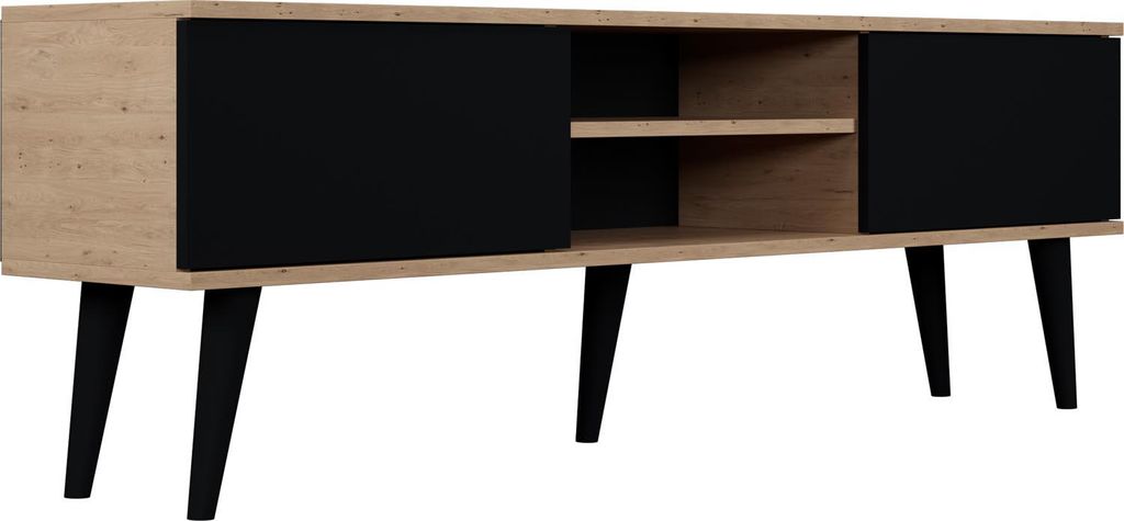TV-Lowboard Fernsehtisch 160 cm in Eiche Artisan & Schwarz – Soft-Close Türen, Stauraum & Kabeldurchlass – Skandinavisch Holzfüße, Holzbeine...