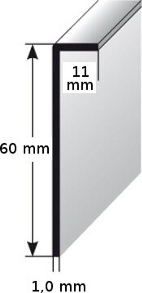 Einklebe-Sockelleiste für Designbeläge, Höhe: 60 mm, Breite: 11 mm, Aluminium (silber eloxiert), gebohrt, Typ: 464