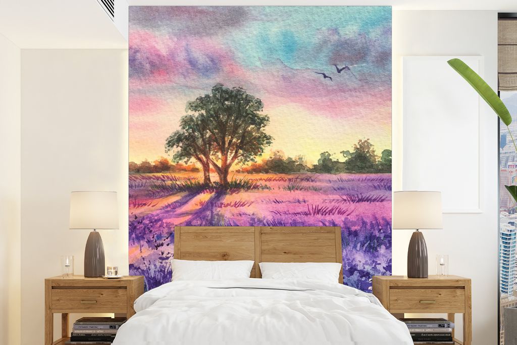MuchoWow Fototapete für Wohnzimmer oder Schlafzimmer Wandtapete Vinyl Motivtapete Lavendel - Farbe - Vögel - Bäume - Lila - 160x220 cm - Bilds...