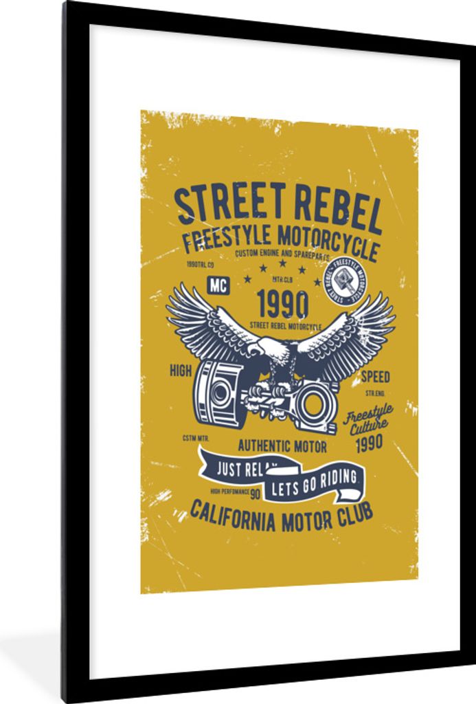MuchoWow MuchoWow Gerahmtes Poster Motorrad - Vogel - Retro 60x90 cm - Poster mit zchwarzem Bilderrahmen - Dekoration - Wandposter Wohnzimmer -...