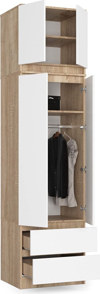 BDW Kleiderschrank mit Aufsatz, 4-türiger Kleiderschrank, Eiche Sonoma / Weiß
