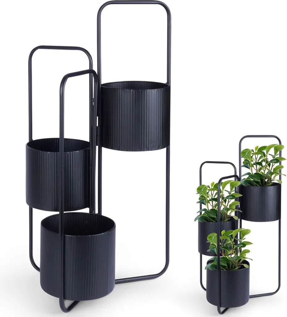 Support fleurs 3 pots en fer forgé - Étagère stable et résistante