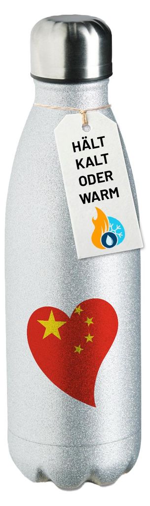 Huuraa Trinkflasche China Flagge Herz 500ml Silver Edelstahl Wasserflasche Trinkflasche Geschenkidee