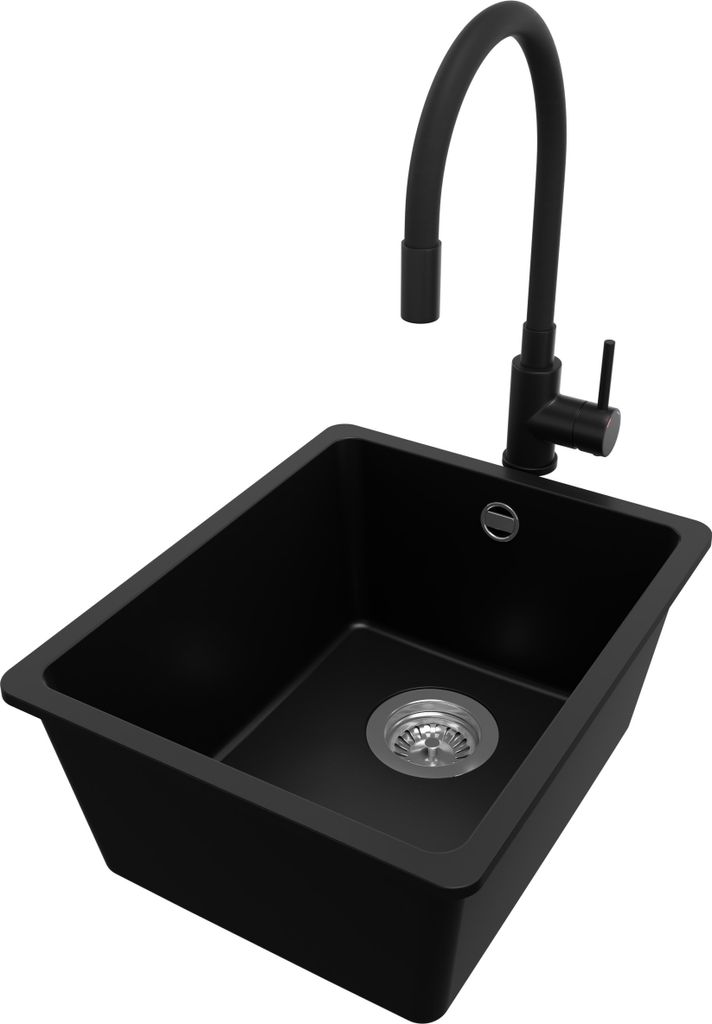 PRIMAGRAN Unterbauspüle Granit Schwarz 36x44cm, Spülbecken 1 Becken + Küchenarmatur 40x38cm + Ablauf-Set, Granitspüle ab 40er Unterschrank - Ve...