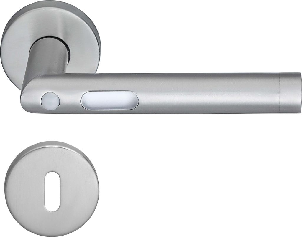 A silver-colored door handle and a matching escutcheon plate are shown against a white background.