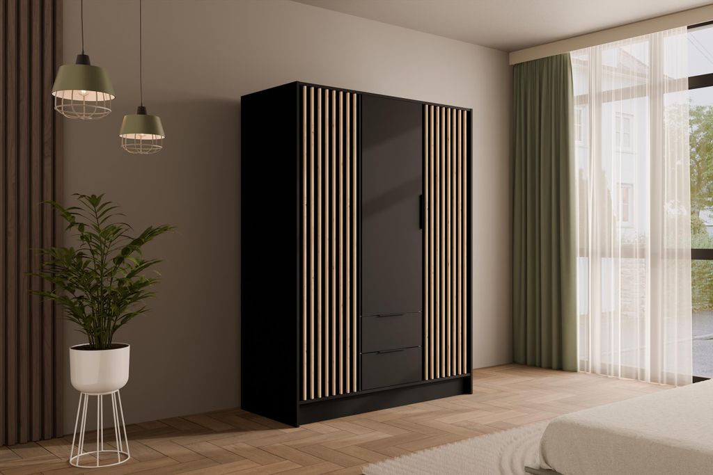 ALTDECOR Kleiderschrank mit selbstschließenden, Lamellentüren, Lamellen, Flügeltüren - NELIA - 150 cm Schwarz / Artisan