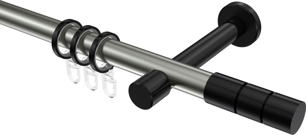 Interdeco Gardinenstange / Vorhangstange Edelstahl-Optik / Schwarz, Typ Prestige Elanto (Rillenzylinder), 20 mm Ø 1-läufig, 440 cm