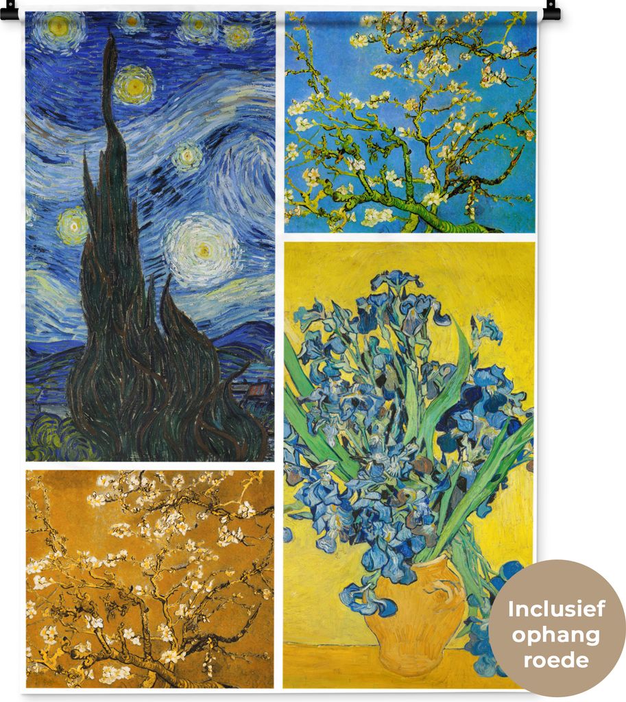 MuchoWow Wandteppich Wandbehang Collage - Van Gogh - Sternennacht 90x120 cm Tapisserie Dekoration Wandtuch - Wanddeko