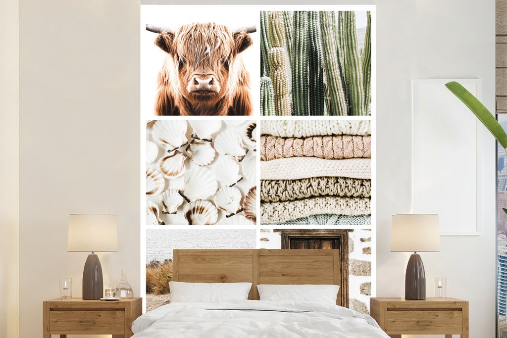 MuchoWow Fototapete für Wohnzimmer oder Schlafzimmer Wandtapete Vinyl Motivtapete Schottischer Highlander - Muscheln - Kaktus - 180x280 cm - Wal...