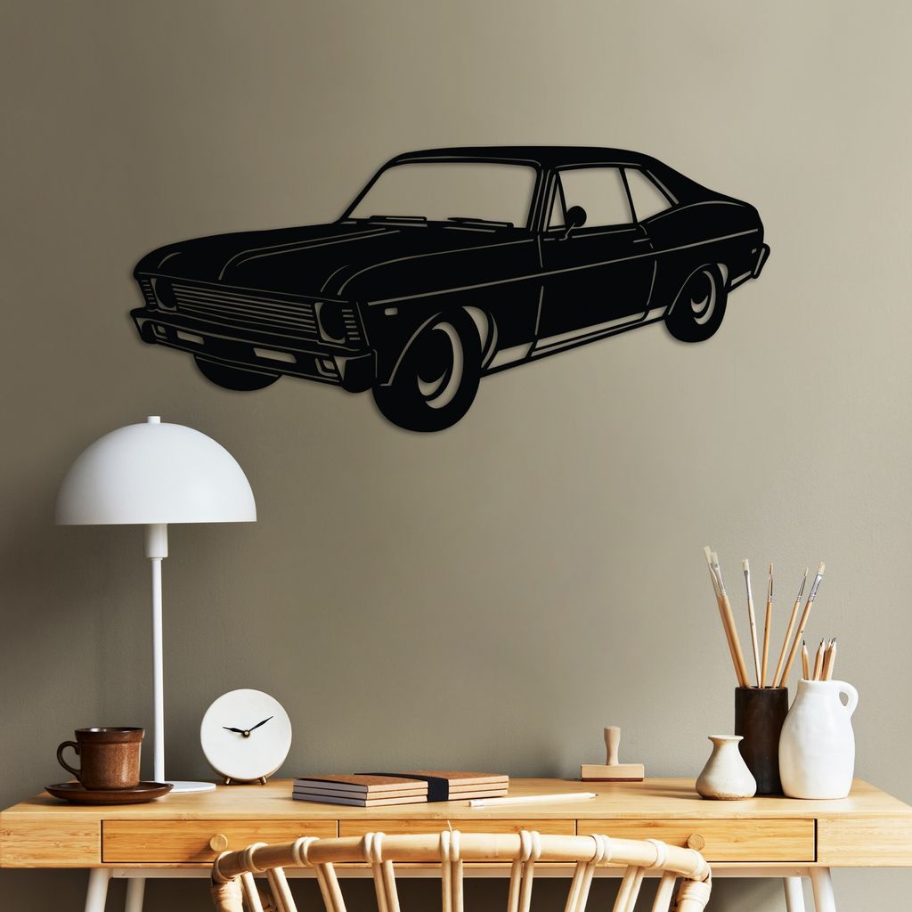 Wallity, Chevrolet Nova 1972 Classic Sedan, Dekoratives Wandaccessoire aus Metall, Schwarz, 100 % METALL, 60 x 27 cm