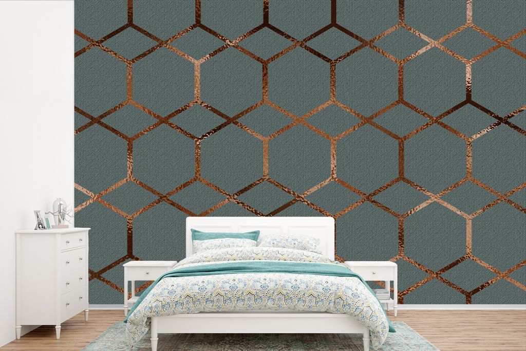 MuchoWow Fototapete für Wohnzimmer oder Schlafzimmer Wandtapete Vinyl Motivtapete Muster - Blau - Luxus - Bronze - 390x260 cm - Papiertapete