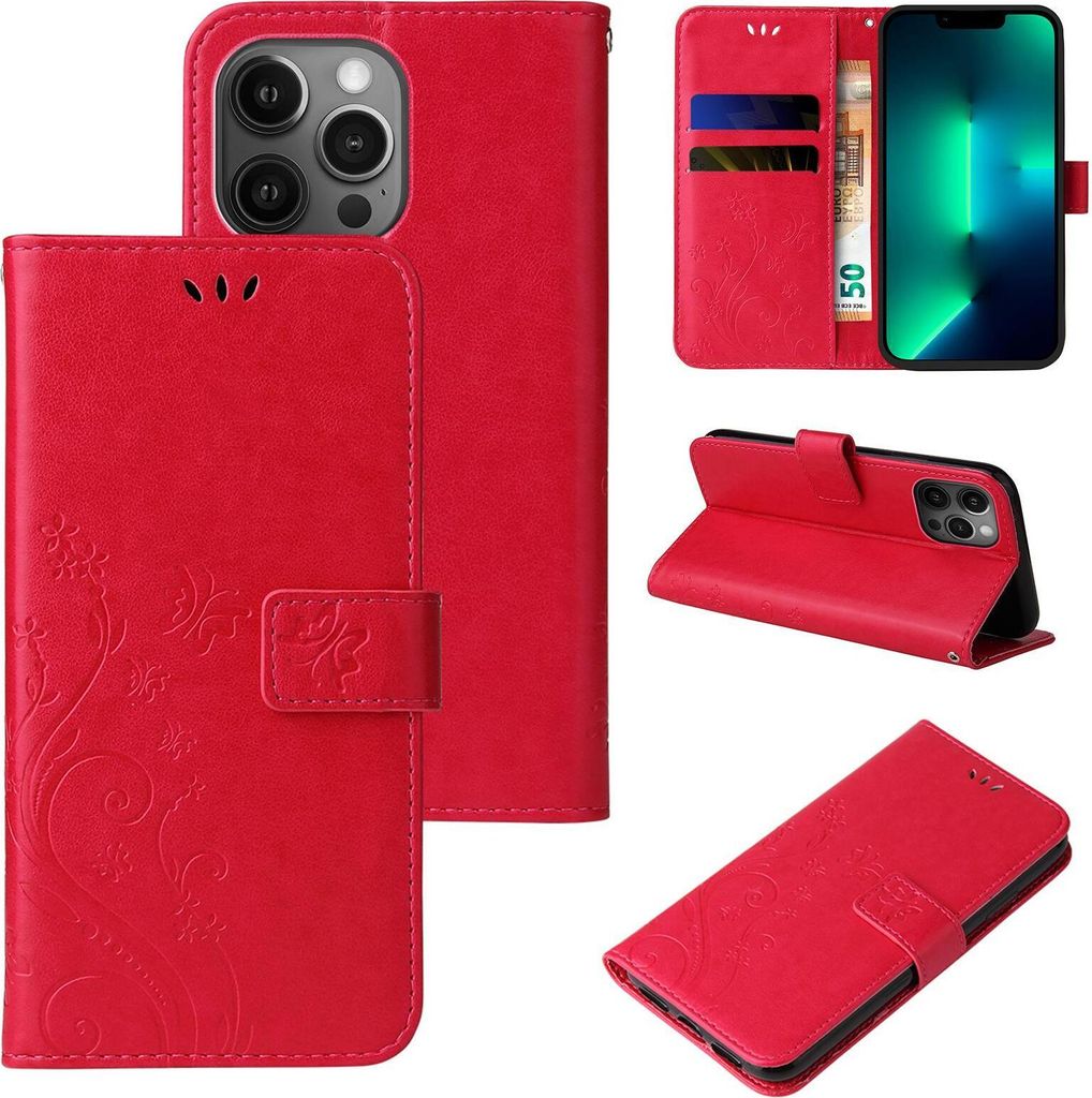 Handyhülle für Apple iPhone 13 Pro Floral Blumen Schmetterling Flip Cover Hülle Case Klapphülle Handytasche Farbe: Rot