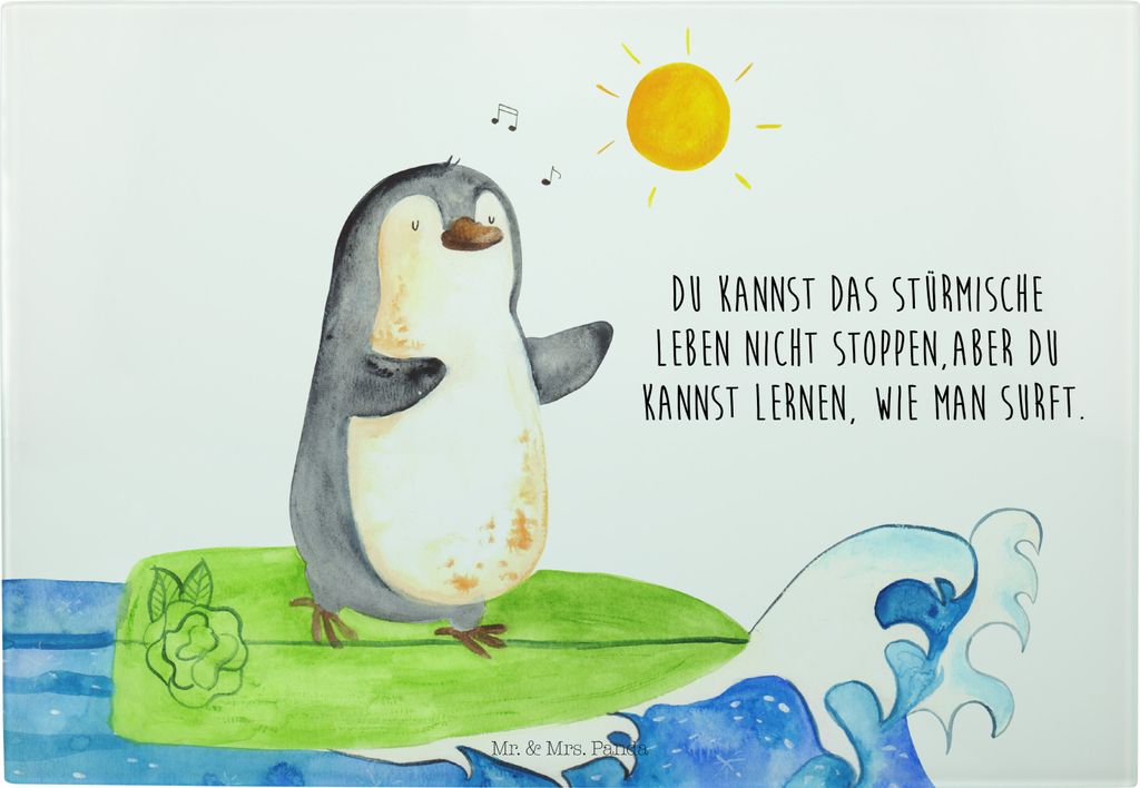 Mr. & Mrs. Panda Schneidebrett Pinguin Surfer - Weiß - Geschenk, Brotzeitplatte, Glasschneidebrett, Optimistisch, Portugal, Glas, Urlaub, Motivier...