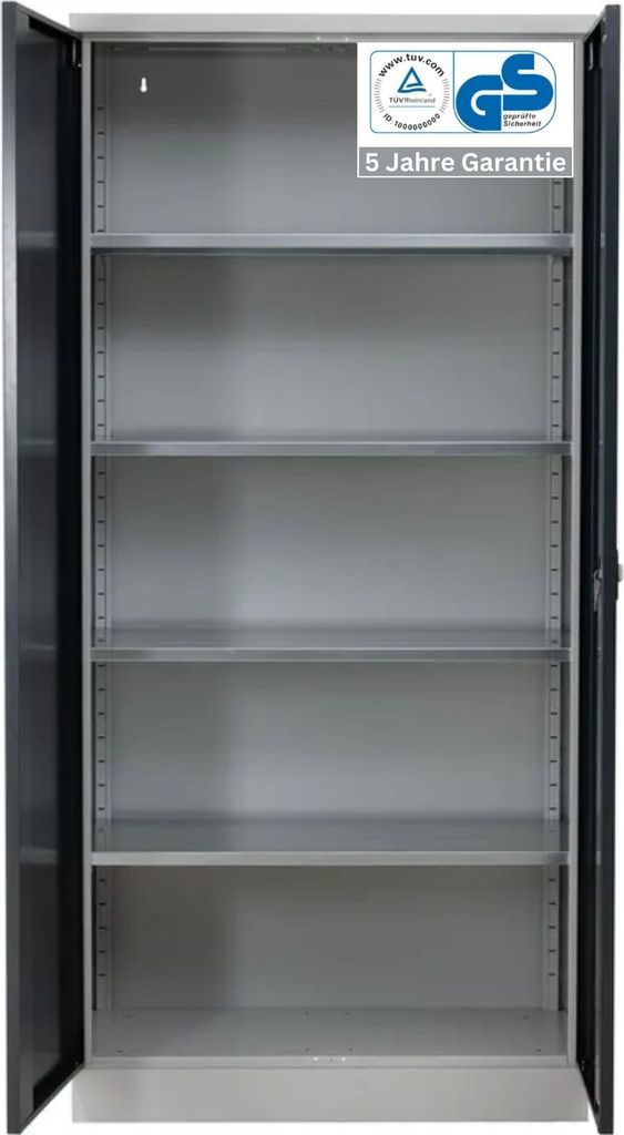 Stahlschrank BEE mit 10 lackierten Fachböden | HxBxT 195x92x60cm | Korpusfarbe Lichtgrau, Frontfarbe Schwarz | Werkstattschrank Werkzeugschrank Ak...