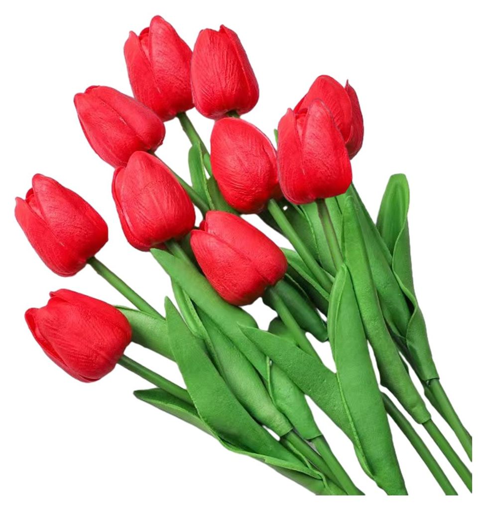 10 künstliche Tulpen, Tulpenstrauß aus PolyurethanKunstleder mit langem Stiel, realistische Haptik, ideal als Tischdekoration für Hochzeiten, Mu...
