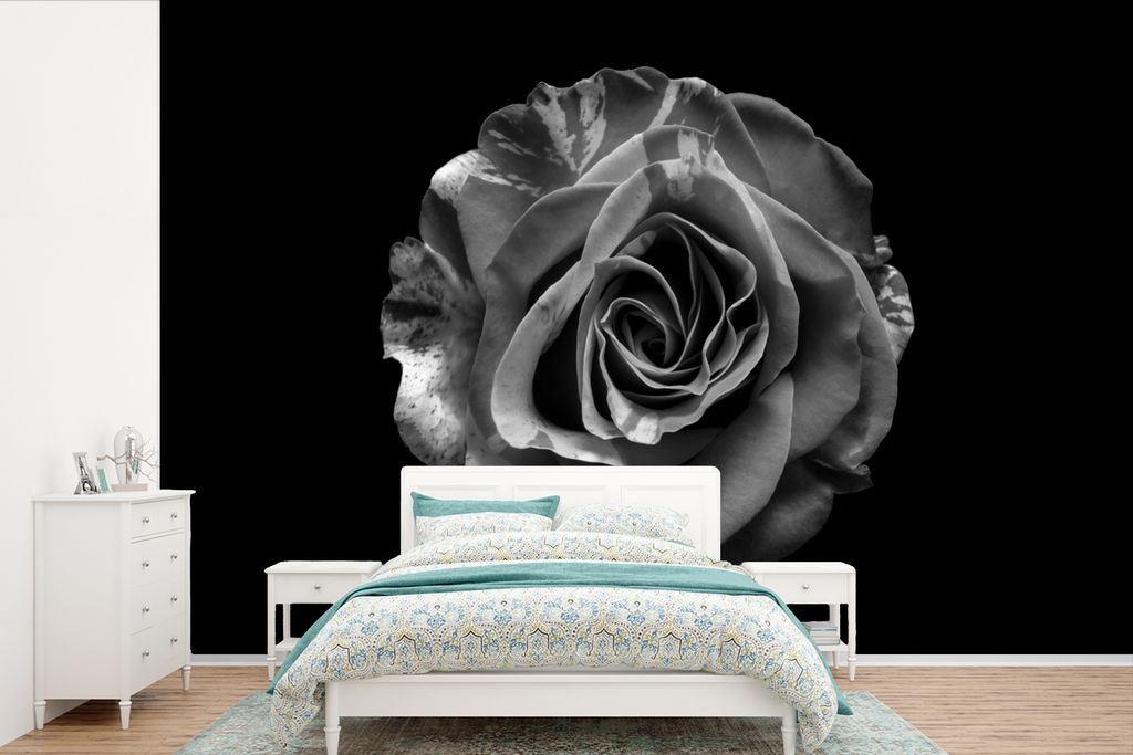 MuchoWow Fototapete für Wohnzimmer oder Schlafzimmer Wandtapete Vinyl Motivtapete Blumen - Rose - Schwarz - Weiß - Botanisch - 360x240 cm - Vin...