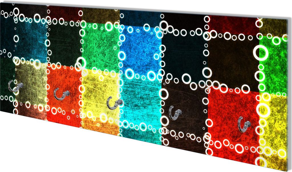 Wallario Flurgarderobe Wandgarderobe aus Glas, mit 5 Haken, Größe 80 x 30 cm, Motiv Buntes Patchwork-Muster mit Kreisen