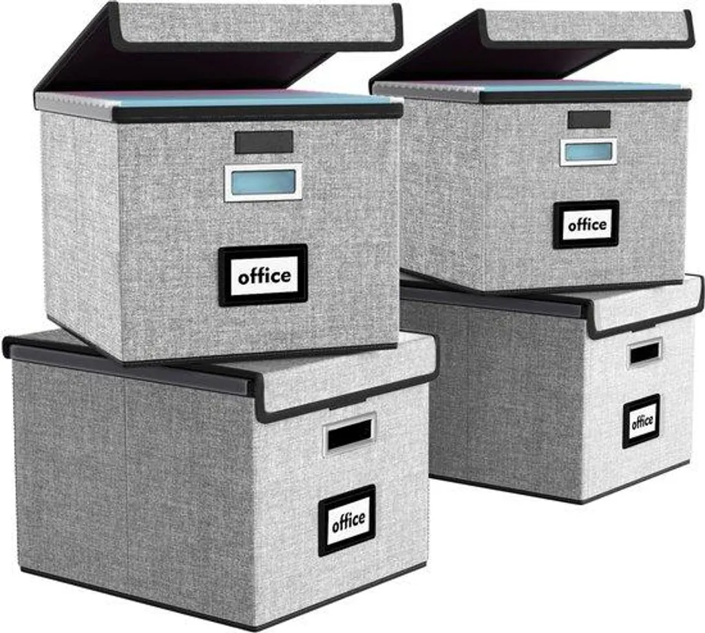 Boîte de rangement pliable grise A4 en tissu avec couvercle lot de 4 pack