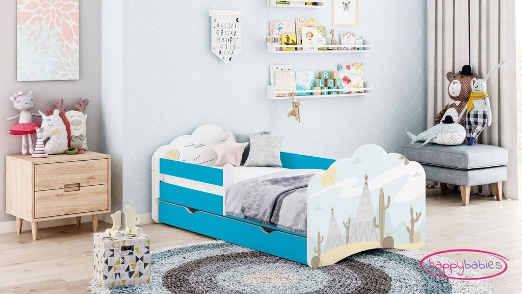 Happy Babies Kinderbett - Mit Matratze & Schublade und Rausfallschutz, 80x160, Mädchen Kinderbetten & Jugendbett Jungen Kids Bed