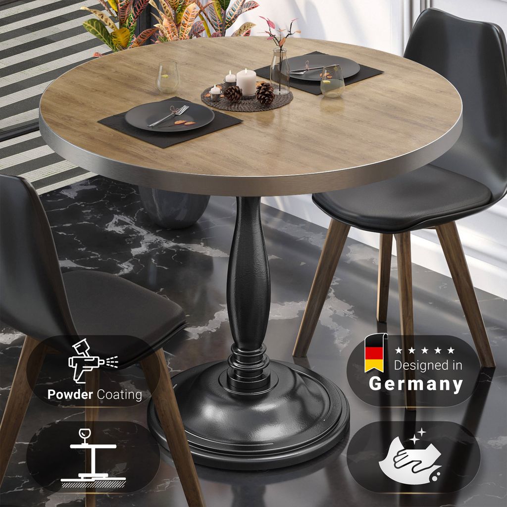 BD | Bistro Tisch | Ø 80 x 75,5 cm | Rund | Edelstahl Rand | Eiche / Schwarz | Bistrotisch Gastro Tisch