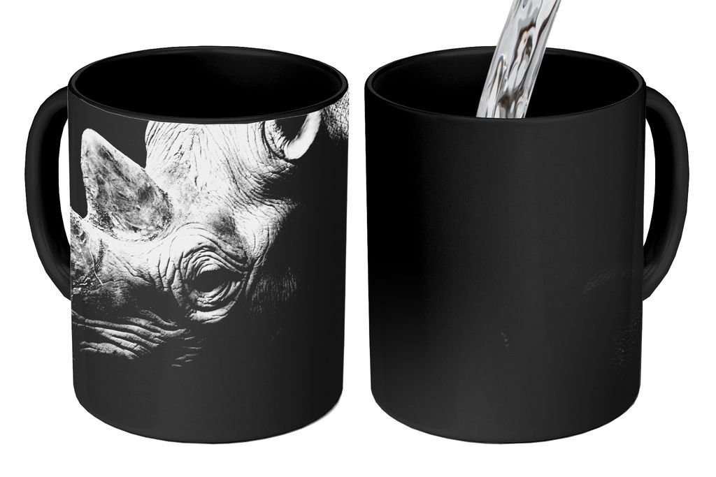 KitchenYeah Zauber Tasse Zaubertasse Magic Tiere - Nashorn - Schwarz - Weiß - Porträt 350 ml Farbwechsel Becher Geschenk Geschenkidee - Magic-T...