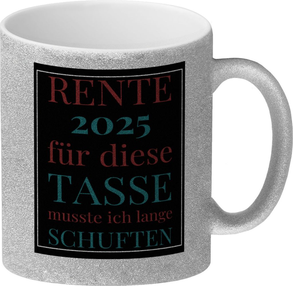 Rente 2025 Glitzer-Kaffeebecher eine bunte Tasse für Rentner in weiß