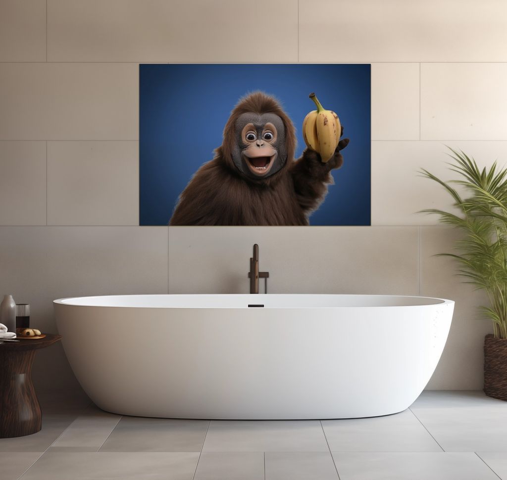 Wallario wasserfestes Poster selbstklebend 70 x 100 cm, Lustiger Affe mit Bananen, Badezimmerposter Spritzschutz mit Hochglanzoberfläche in Glasoptik