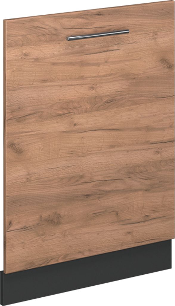 A close-up studio shot of a kitchen cabinet door with a wood grain finish and a black base.