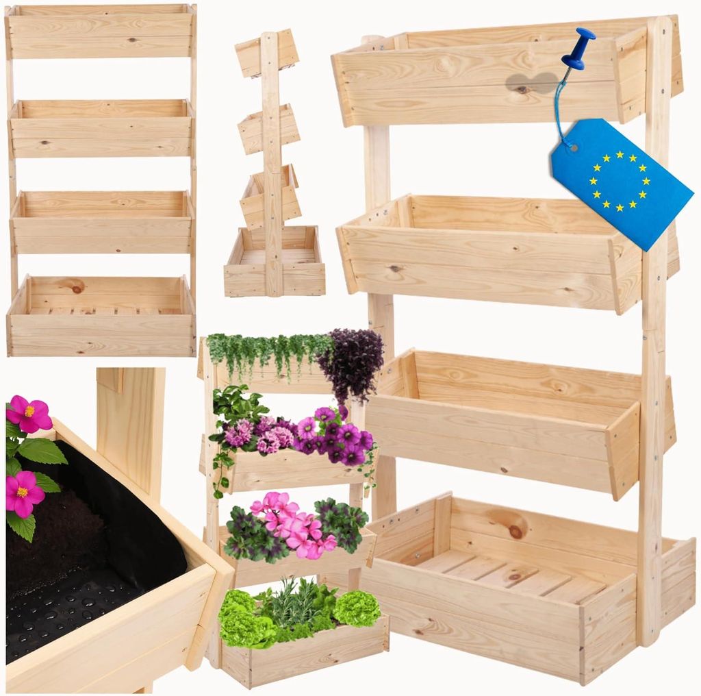 MODO24 Blumenregal, Blumenständer, 4 Ebenen, Vertikal, Balkonregal, Platzsparend, Kaskadenregal, Pflanzentreppe, 146x82x57 cm, Natur, KKS