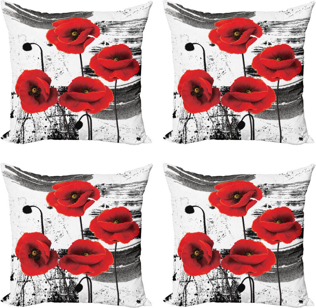 ABAKUHAUS Mohn Kissenbezug Set (4 Stück), Grunge Pinsel Blumen, Moderner Doppelseitiger Digitaldruck, 50 cm x 50 cm, Vermilion Grau