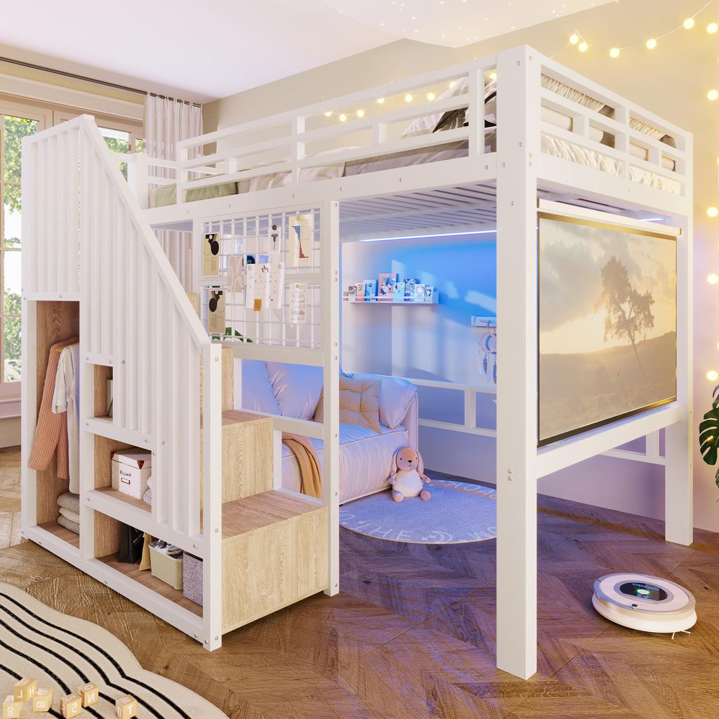 Lit mezzanine 140x200 cm avec escalier de rangement, Image du produit 