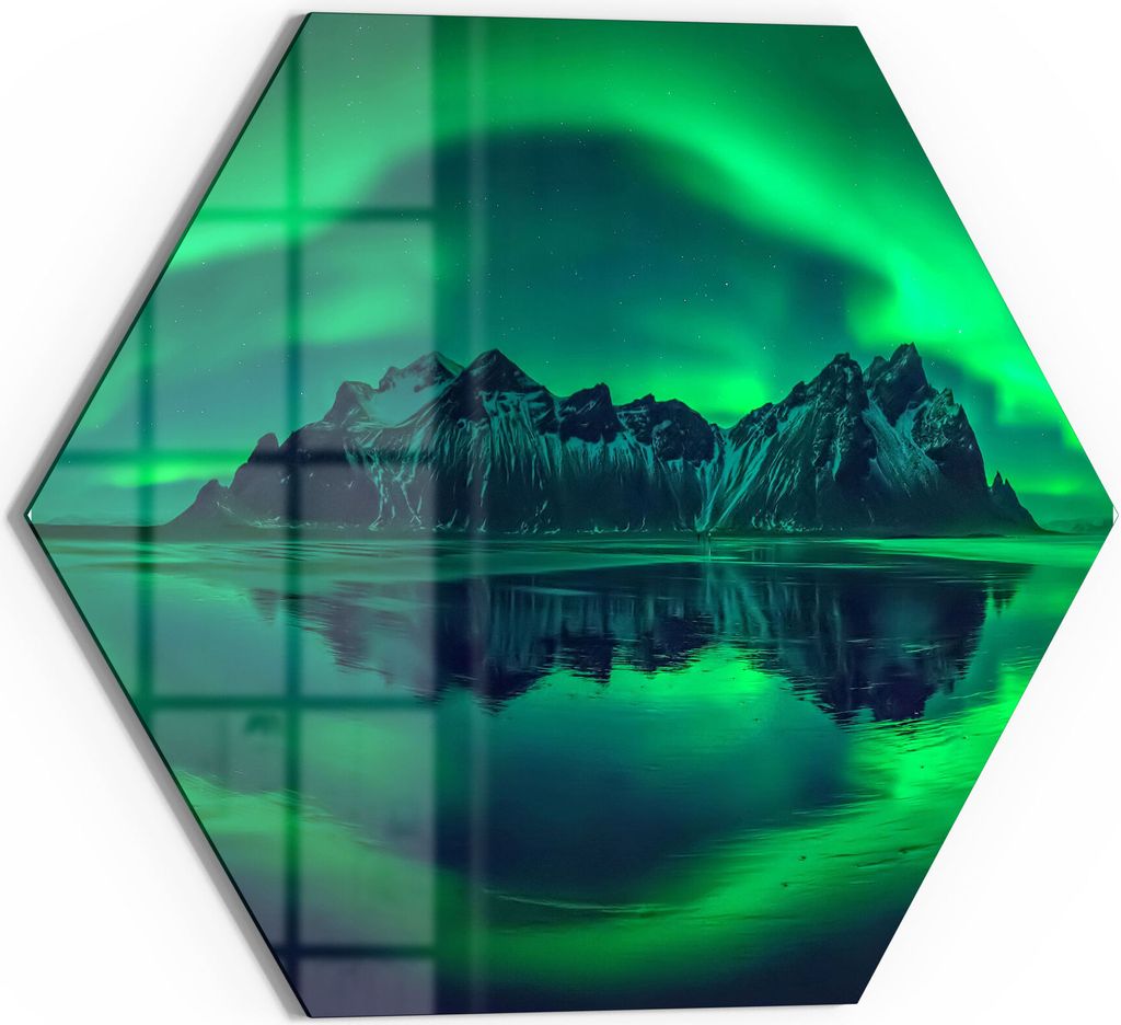 DEQORI Glasbild Echtglas 40x35 cm 'Vestrahorn im Polarlicht' Wandbild Bild modern Deko