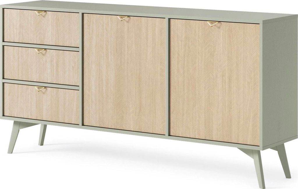 Kommode Silva KSZD-158 cm in Eukalyptus Grün mit Scandi-Fischgrätenfront und goldenen Griffen – 2 Türen + 3 Schubladen
