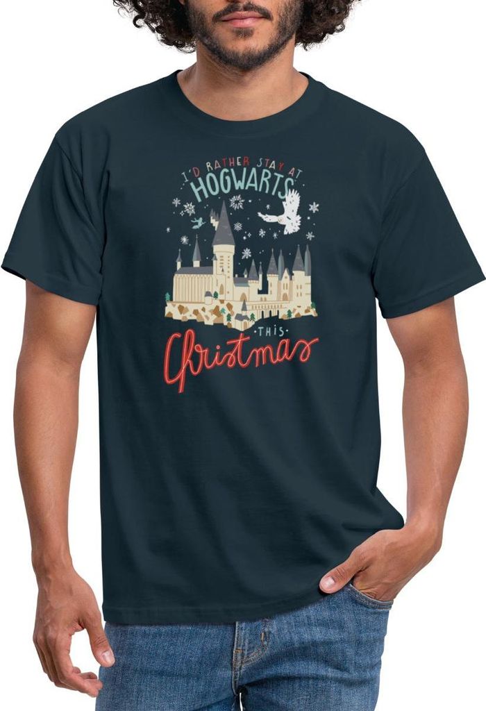 Spreadshirt Harry Potter Lieber In Hogwarts Bleiben Weihnachten Männer T-Shirt, S, Navy