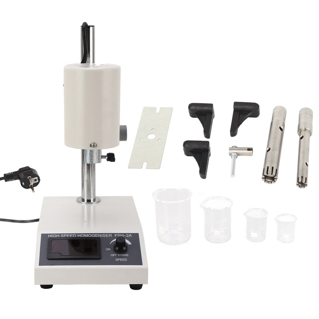 A high-speed homogenizer lab device with accessories is displayed against a white background.