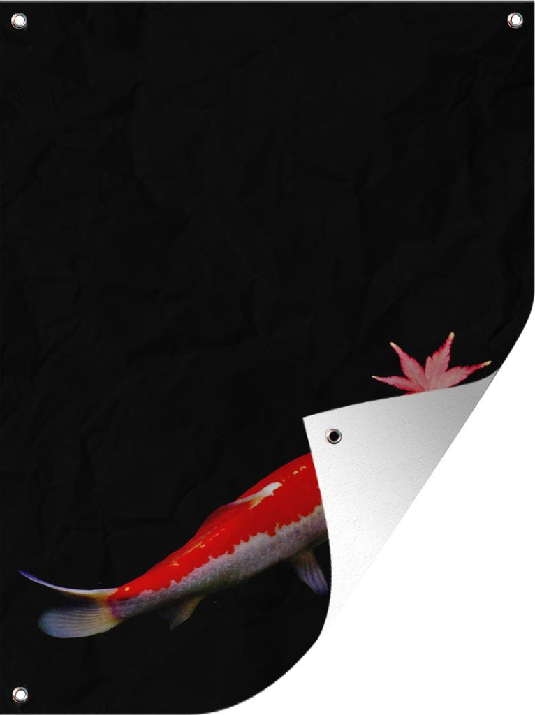 MuchoWow 60x80 cm Outdoor-Poster Gartendeko Sichtschutz Garten Poster für den Garten Ein Koi-Karpfen mit einem Ahornblatt vor einem dunklen Teich