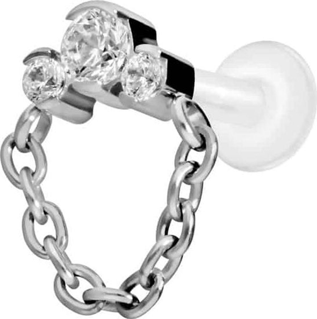 Ohrpiercing, Nasenpiercing PTFE Labret mit Innengewinde + Titan-Aufsatz 3 EINGEFASSTE KRISTALLE + KETTE Silber Stablänge: 6mm | Stabstärke: 1,6mm