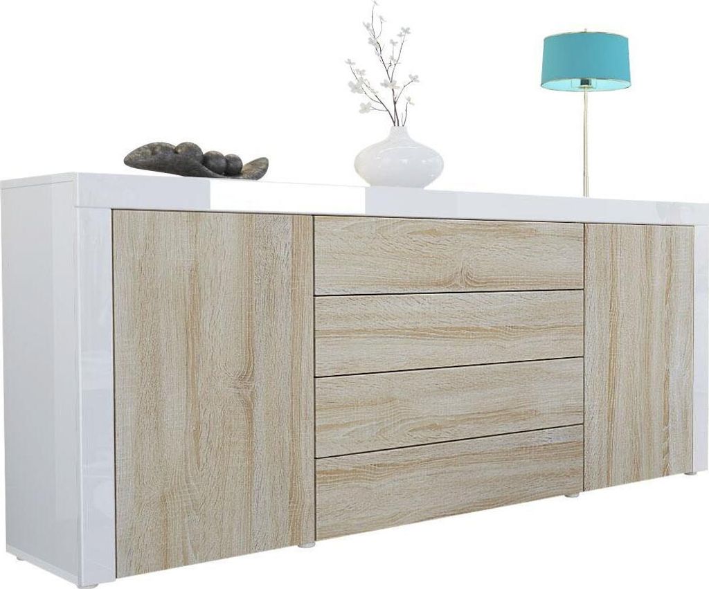 Vladon Sideboard Kommode La Paz, Germany, Korpus in Weiß Hochglanz / Front in Eiche sägerau mit Rahmen in Weiß Hochglanz