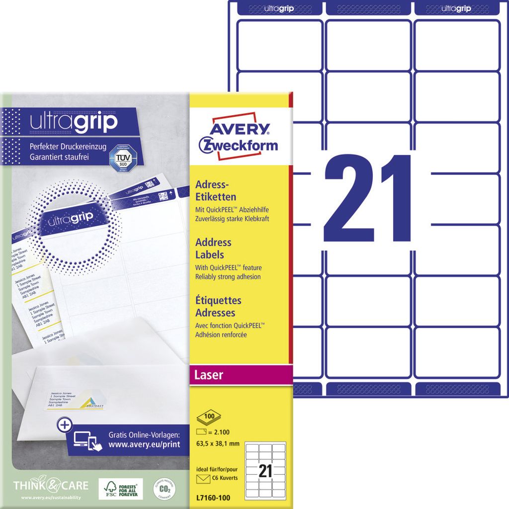 Avery Zweckform L7160-100 Adress-Etiketten, A4 mit ultragrip, 63,5 x 38,1 mm, 100 Bogen/2.100 Etiketten, weiß
