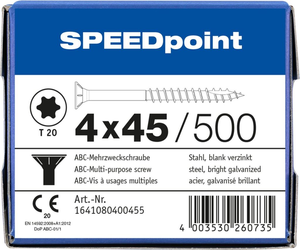 ABC SPEEDpoint Senkkopf T20 Teilgewinde Schabenut A2J 4x45mm (500)