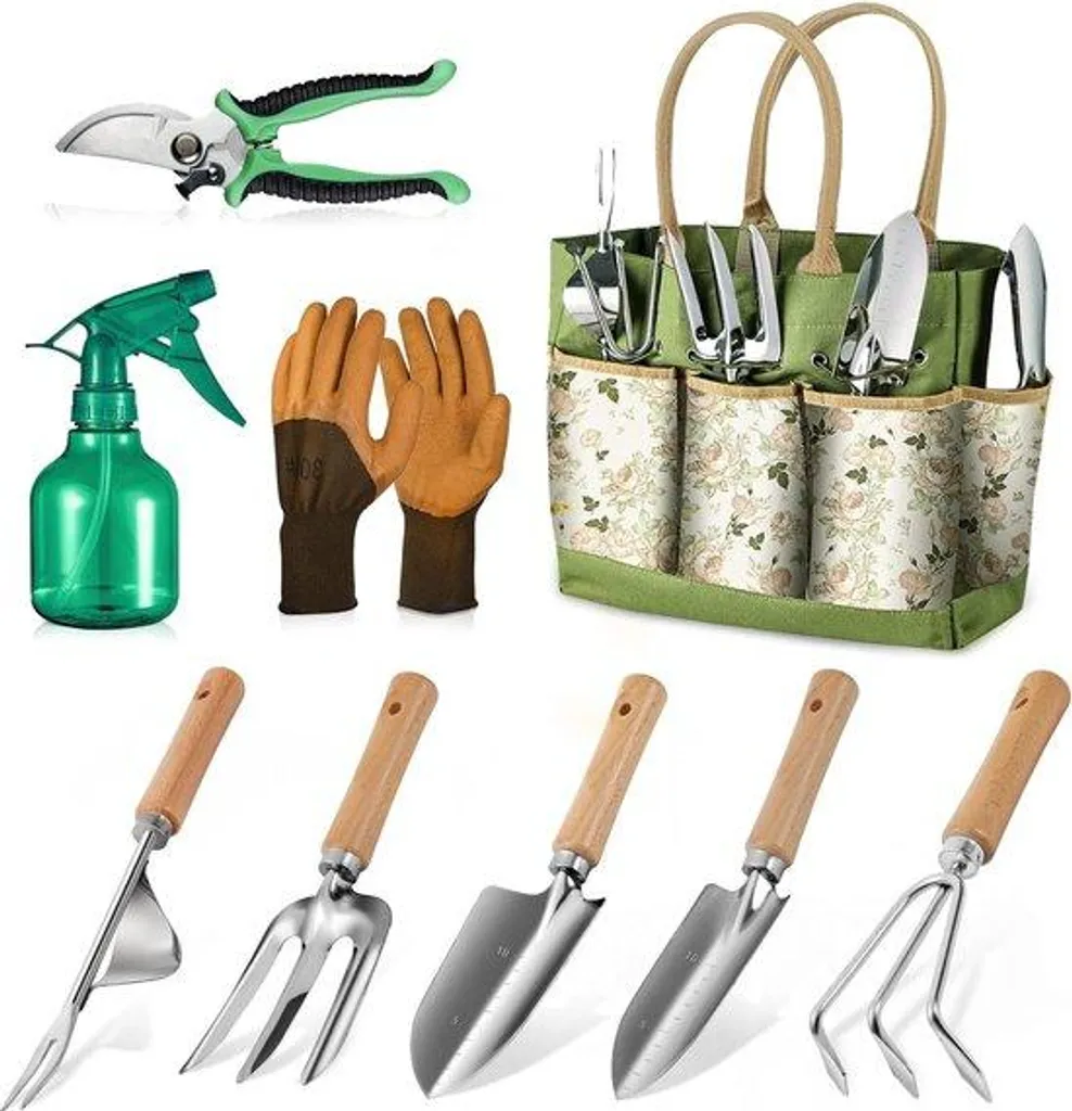 Ensemble d'outils de jardinage 9 pièces vert avec mallette de transport