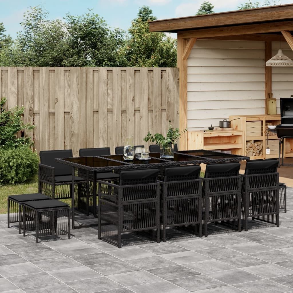 "2026 Promotion" 13-tlg. Garten-Essgruppe - mit Tisch und Stühlen - mit Kissen - Schwarz Poly Rattan - Gartenmöbelset CC11571