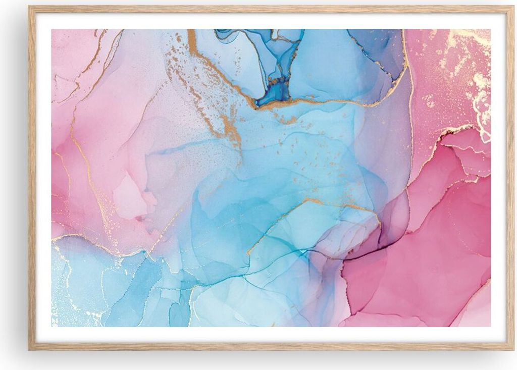 Gerahmtes Poster - Rahmen in heller Eiche - Marmor Rosa Türkis - 100x70 cm - Wand Bild - Wanddeko - Wandbilder - Kunstposter - Wandposter - Bilder...
