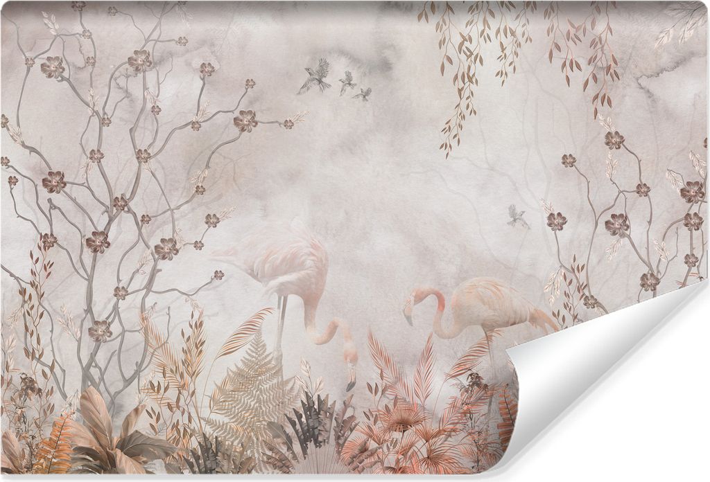 Muralo Vlies Fototapete FLAMINGOS Blumen Blätter Beton Retro Stil Br. 450cm x Hö. 300cm