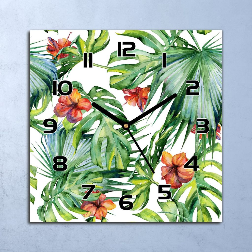Wanduhr Echt-Glas-Küchenuhr Hawaii Pflanzen Quarz Lautlos 30x30 Deko Bilder