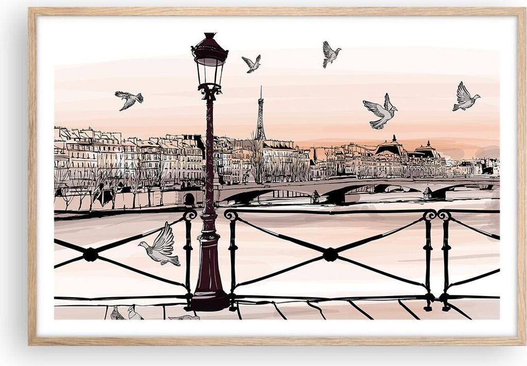 Gerahmtes Poster - Rahmen in heller Eiche - frankreich Taube Grafiken Illustration - 91,5x61 cm - Wand Bild - Wanddeko - Wandbilder - Wandposter - ...
