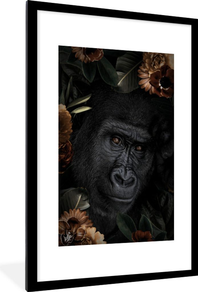 MuchoWow MuchoWow Gerahmtes Poster Gorilla - Blumen - Pflanzen 60x90 cm - Poster mit zchwarzem Bilderrahmen - Dekoration - Wandposter Wohnzimme...