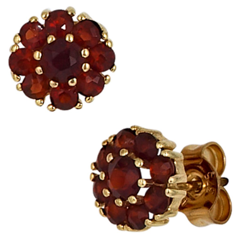 Ohrstecker Ohrschmuck Blume Blumen aus Granat rot 375 Gold Gelbgold